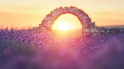 Wall Mural - a vibrant lavender field stretches out under a golden sunset, framed by an urban archway that enhanc