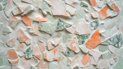 a close-up of a tactile mosaic of crystalline shards, shimmering with pastel hues of peach and mint,