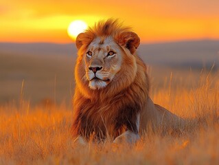 Wall Mural - Majestic Lion at Sunset: Golden hour portrait of a lion in the wild landscape