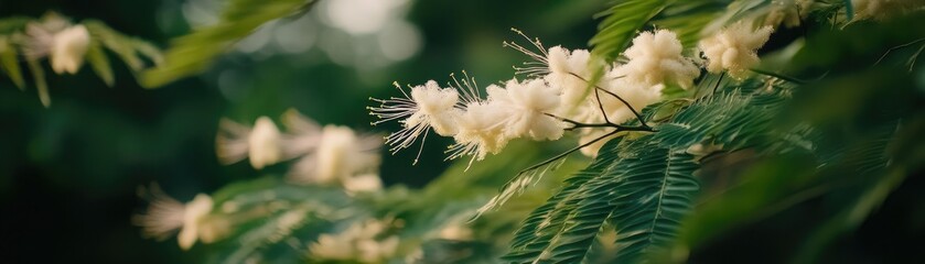 Wall Mural - White flowers bloom on green leaves in garden. Nature background for website