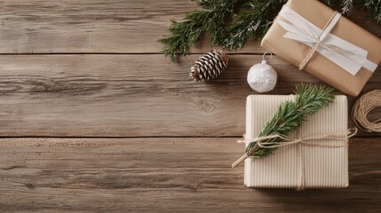 Wall Mural - rustic holiday gifts with natural decorations on wooden table