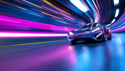 Wall Mural - Futuristic car speeds through neon tunnel