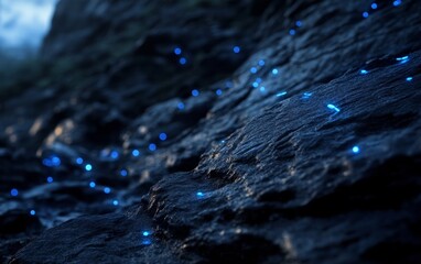 Wall Mural - Glowing blue lights on dark rocks at night.
