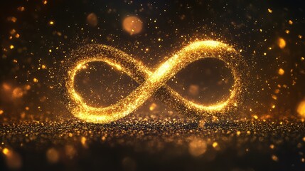 Poster - An infinity symbol drawn with sparkling golden particles floating on a dark background, exuding elegance and serenity