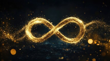 Poster - An infinity symbol drawn with sparkling golden particles floating on a dark background, exuding elegance and serenity