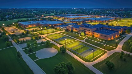 Poster - A beautiful sports complex with multiple athletic fields, well-lit tennis and basketball courts, surrounded by trees and manicured landscaping