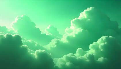 Poster - A vibrant green cloudscape, an artistic depiction of lush, surreal skies with soft, flowing clouds in varying shades of green, creating a dreamlike and ethereal atmosphere