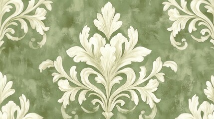 Poster - Elegant off-white damask pattern on sage green textured background.