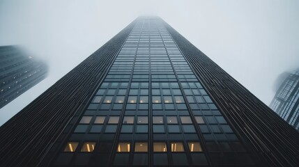 Poster - A futuristic commercial tower with intricate geometric designs, large glass windows, and a minimalist aesthetic