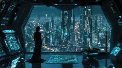 Poster - A futuristic commercial tower with intricate geometric designs, large glass windows, and a minimalist aesthetic