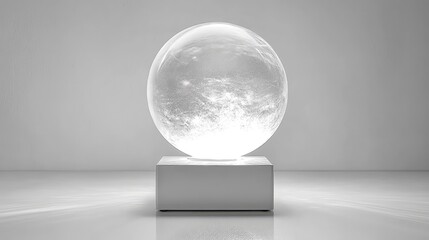 Poster - A glowing crystal globe on a white pedestal, surrounded by subtle reflections of light, symbolizing clarity and positive vibes