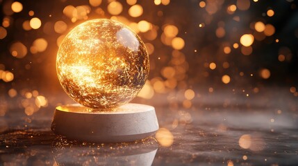 Poster - A glowing crystal globe on a white pedestal, surrounded by subtle reflections of light, symbolizing clarity and positive vibes