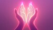 © pinporn manosri - A glowing pair of hands outlined with soft, radiant light against a tranquil gradient background, symbolizing the transfer of healing energy