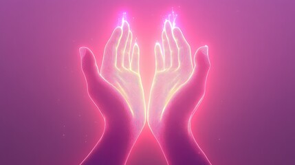 Aufkleber - A glowing pair of hands outlined with soft, radiant light against a tranquil gradient background, symbolizing the transfer of healing energy