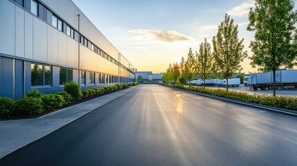 Poster - A modern industrial park with sleek warehouses and clean, well-maintained surroundings under soft morning light