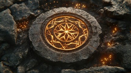 Poster - A mystical Sigil symbol glowing faintly on a dark stone background with subtle magical sparks for an esoteric feel