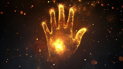 Poster - A radiant handprint made of glowing light particles on a neutral background, symbolizing touch-based energy healing