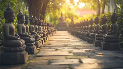Poster - A row of small Buddha statues in meditation, lined up in a quiet temple courtyard with open space for design