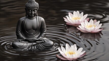 Poster - A serene Buddha statue in meditation pose, surrounded by blooming lotus flowers and gentle ripples in the water