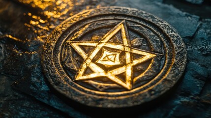 Poster - A serene, glowing sacred geometry symbol on a dark textured surface with intricate details illuminated gently