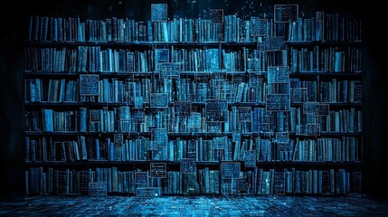 Poster - Digital bookshelves with glowing screens and books.