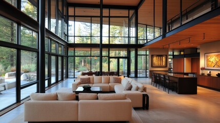 Poster - A spacious living room with a neutral sofa, large glass windows, and open areas for displaying decorative items or artwork
