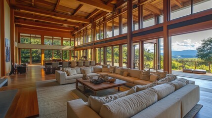 Poster - A spacious living room with a neutral sofa, large glass windows, and open areas for displaying decorative items or artwork