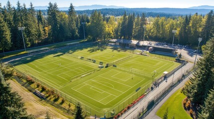 Poster - A spacious outdoor sports facility with a wide variety of playing fields, including soccer, tennis, and running tracks, surrounded by trees and walkways