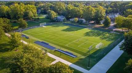 Poster - A spacious outdoor sports facility with a wide variety of playing fields, including soccer, tennis, and running tracks, surrounded by trees and walkways