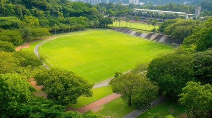 Poster - A spacious outdoor sports facility with a wide variety of playing fields, including soccer, tennis, and running tracks, surrounded by trees and walkways