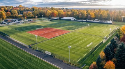 Poster - A spacious outdoor sports facility with a wide variety of playing fields, including soccer, tennis, and running tracks, surrounded by trees and walkways