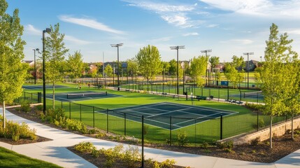 Poster - A sports complex with multiple outdoor tennis and basketball courts, surrounded by vibrant green grass and open spaces under a sunny sky