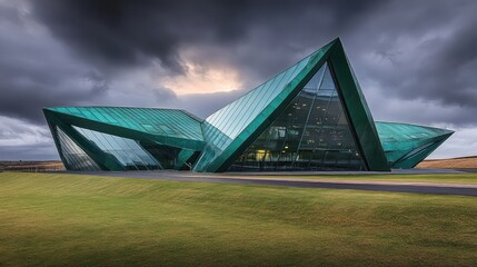 Aufkleber - A striking low-angle shot of a corporate office building with reflective windows and sharp lines set against a cloudy sky