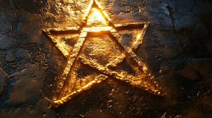 Poster - A Star of David subtly embossed on an aged stone texture, illuminated by soft golden light with space for design elements