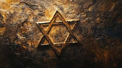 Poster - A Star of David subtly embossed on an aged stone texture, illuminated by soft golden light with space for design elements