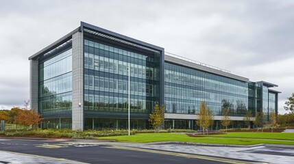 Aufkleber - A striking low-angle shot of a corporate office building with reflective windows and sharp lines set against a cloudy sky