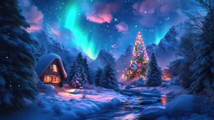 Poster - A vibrant aurora borealis over a serene snowy landscape, with glowing colors symbolizing magical energy and positivity