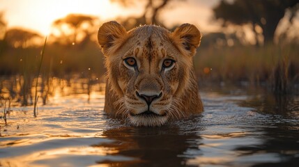 Wall Mural - Lioness wading in water at sunset portrait, African wildlife photography