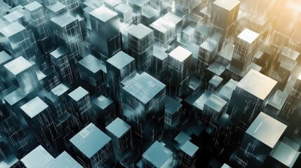Poster - 3D concept of abstract big data storage with cubes and digital grids, symbolizing the technological backbone of modern data analysis and storage