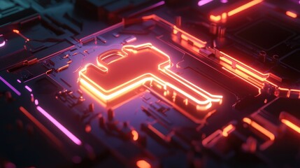 Poster - A 3D render of a digital key with a glowing lock, representing secure digital authentication and data protection in a futuristic tech environment