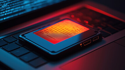 Poster - close up of hard drive on laptop keyboard, illuminated in red and blue light, showcasing technology and data storage