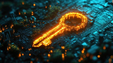 Poster - A 3D render of a key and lock glowing in a digital environment, representing secure data access and modern encryption methods for data security