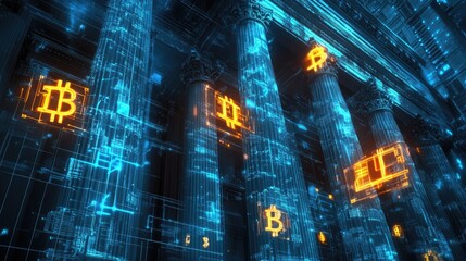 Aufkleber - A 3D render of CBDC technology with glowing digital currency symbols and blockchain connections, representing the future of government-backed digital money