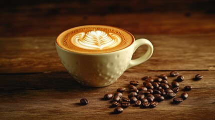 Poster - A close-up of a beautifully crafted cappuccino with intricate latte art, placed next to scattered coffee beans on a rustic wooden surface