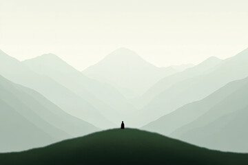 Wall Mural - A person is standing on a hill in the mountains