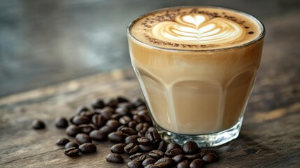 Poster - A close-up of a beautifully crafted cappuccino with intricate latte art, placed next to scattered coffee beans on a rustic wooden surface