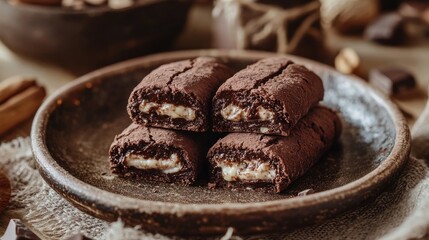 Poster - A close-up of delicious chocolate cookies filled with creamy filling, served on a rustic plate, perfect for a cozy dessert or snack scene