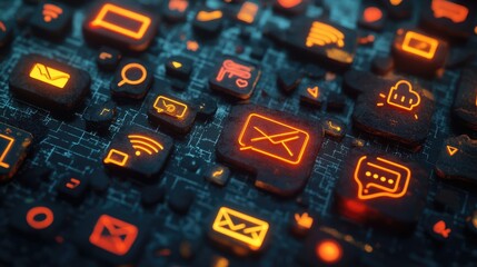 Poster - A concept illustration of various speech bubbles representing social media and internet communication, with digital icons floating around them