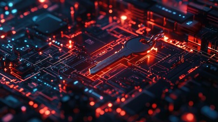 Poster - A concept image of a digital key unlocking secure data storage, symbolizing data authentication and protection in a high-tech digital world