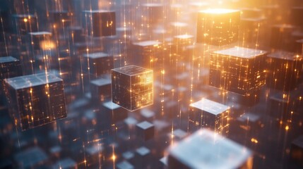 Poster - A conceptual 3D image of AI data cubes and spheres floating in a digital space, interconnected by light beams, illustrating the power of modern AI systems